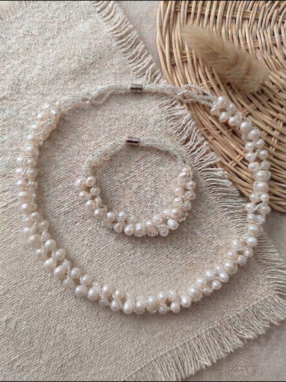 Pearl Beaded Necklace and Bracelet Set